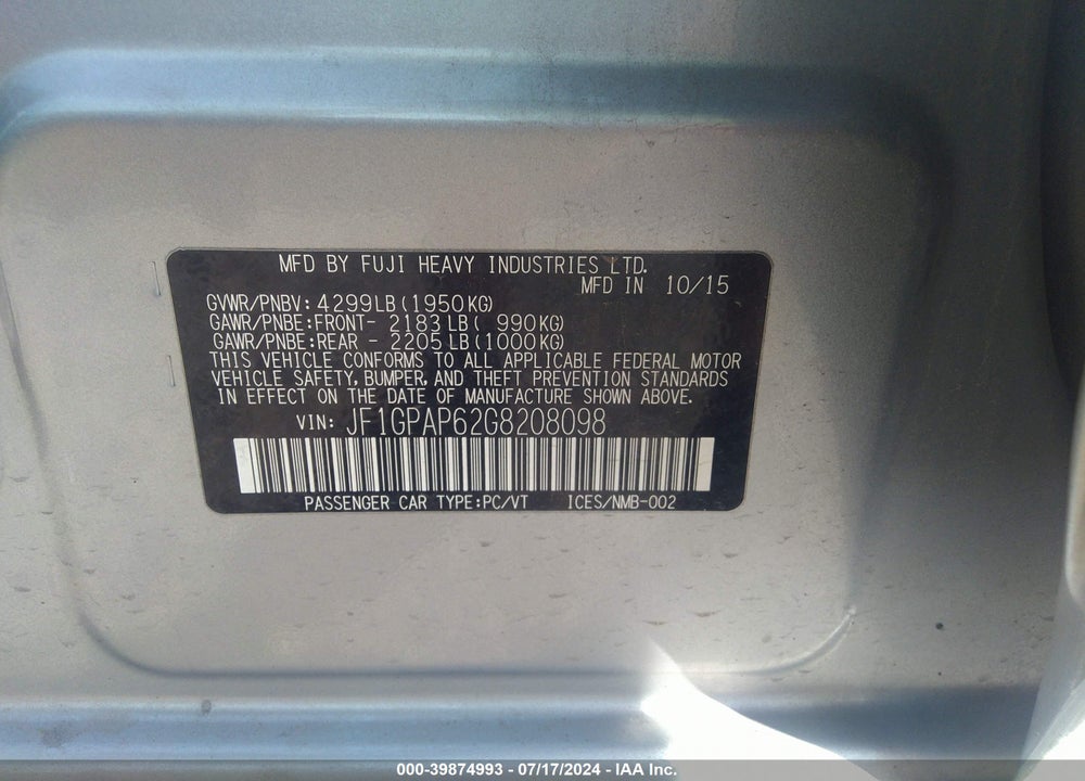 2016 SUBARU IMPREZA 2.0I SPORT PREMIUM VIN: JF1GPAP62G8208098