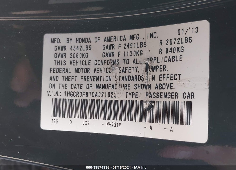 2013 HONDA ACCORD EX-L V-6 VIN: 1HGCR3F81DA021023