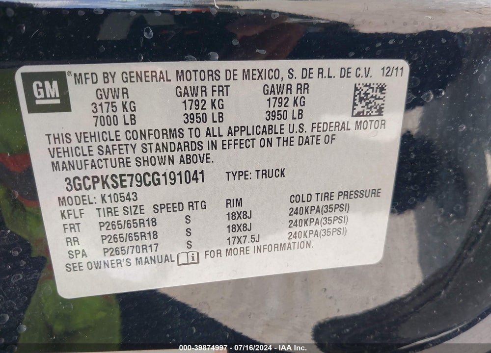 2012 CHEVROLET SILVERADO 1500 LT VIN: 3GCPKSE79CG191041
