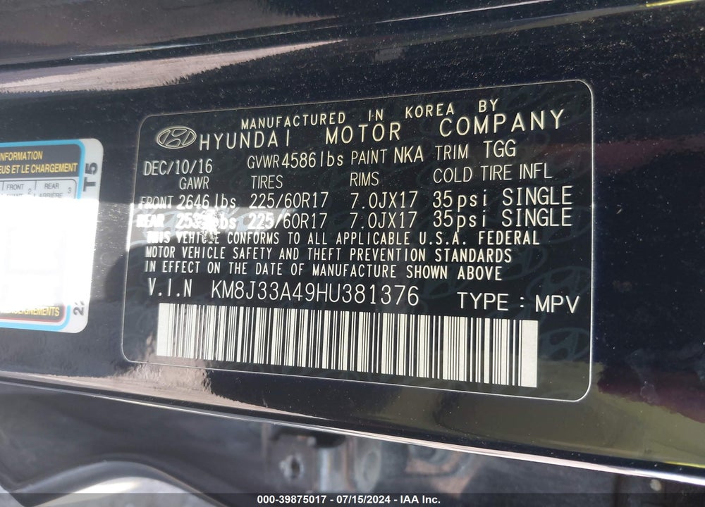 2017 HYUNDAI TUCSON SE VIN: KM8J33A49HU381376
