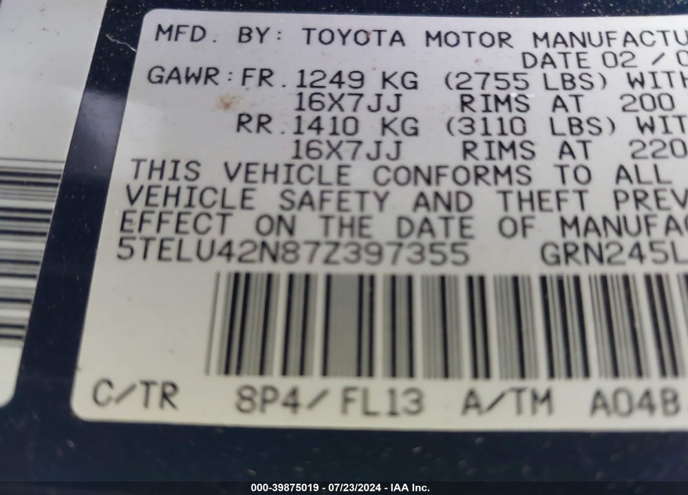 2007 TOYOTA TACOMA BASE V6 VIN: 5TELU42N87Z397355