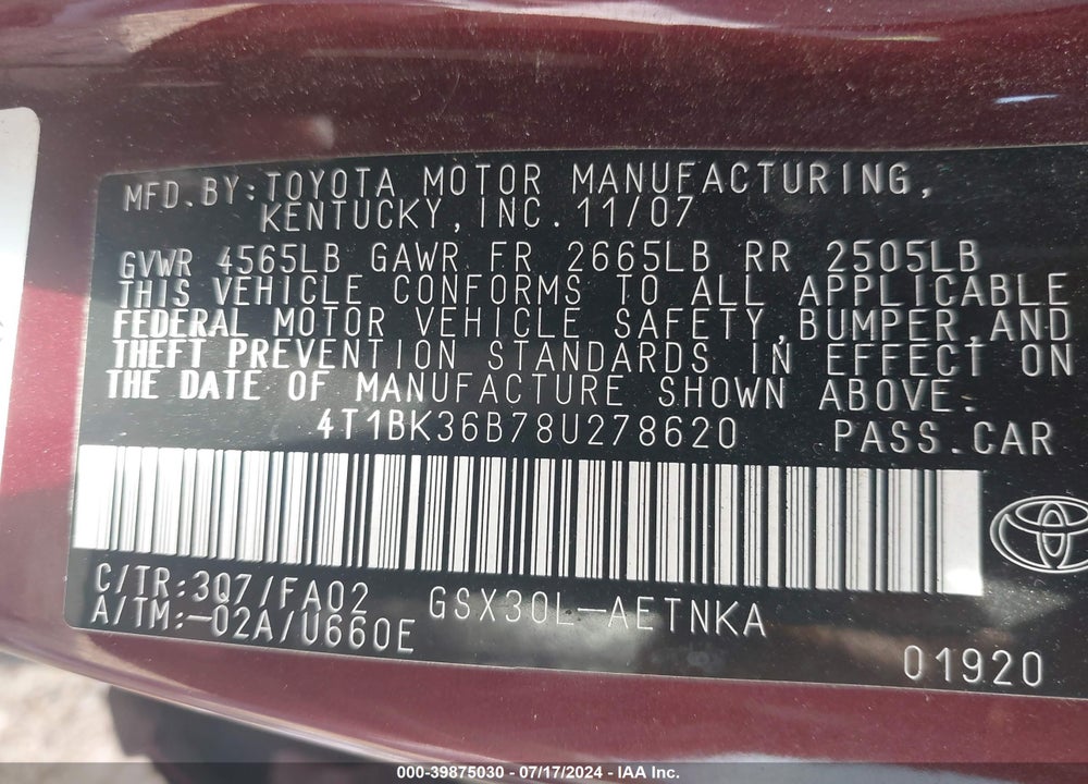 2008 TOYOTA AVALON XL VIN: 4T1BK36B78U278620