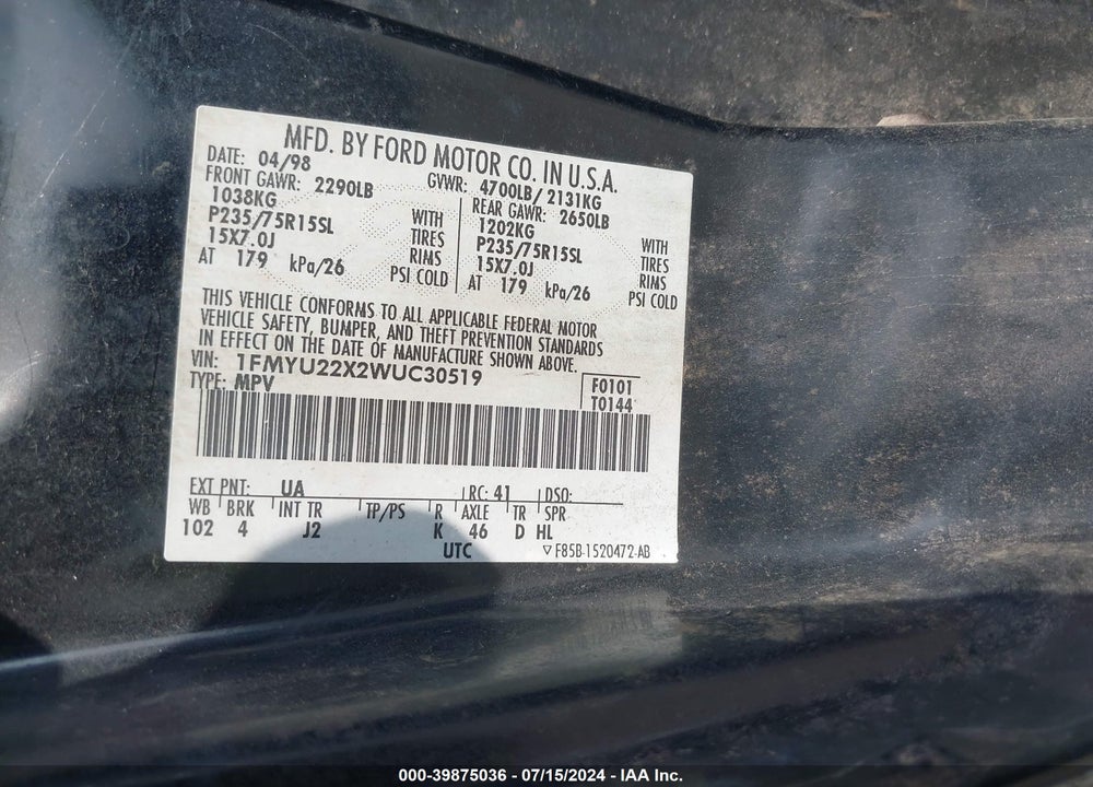 1998 FORD EXPLORER SPORT VIN: 1FMYU22X2WUC30519