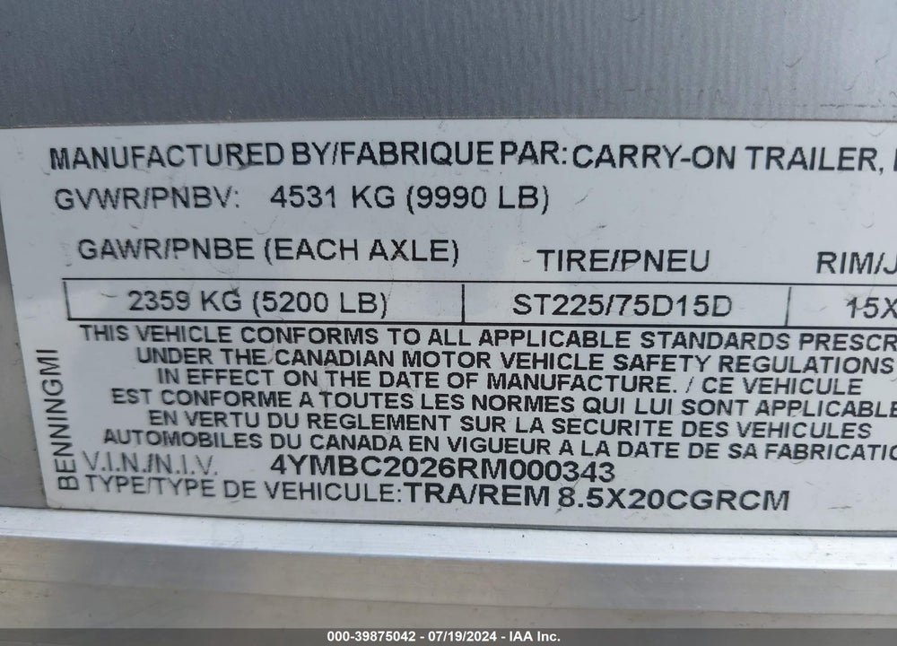2024 AXLE & EQUIPMENT SALES CO OTHER VIN: 4YMBC2026RM000343
