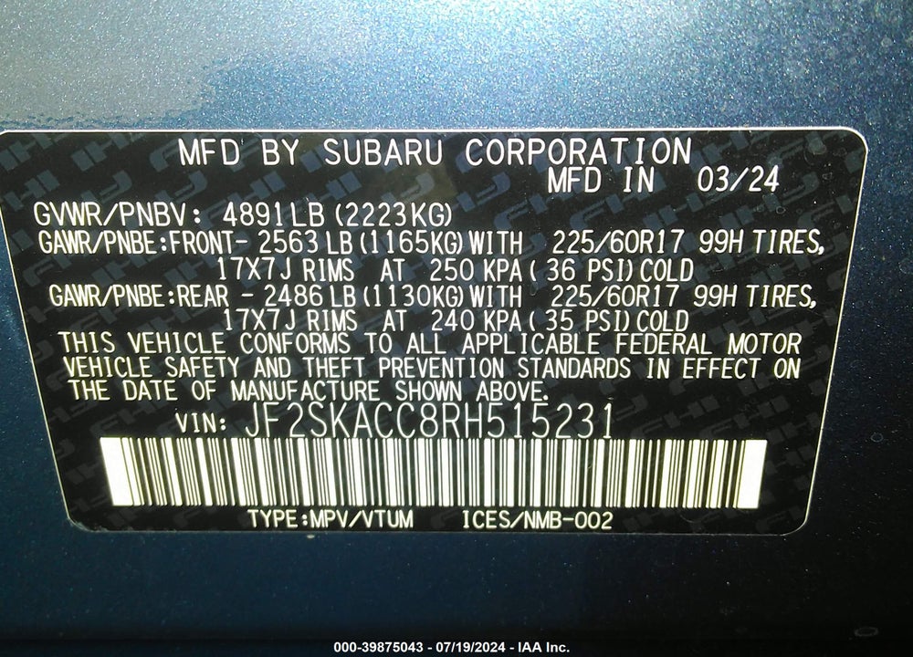 2024 SUBARU FORESTER PREMIUM VIN: JF2SKACC8R8515231