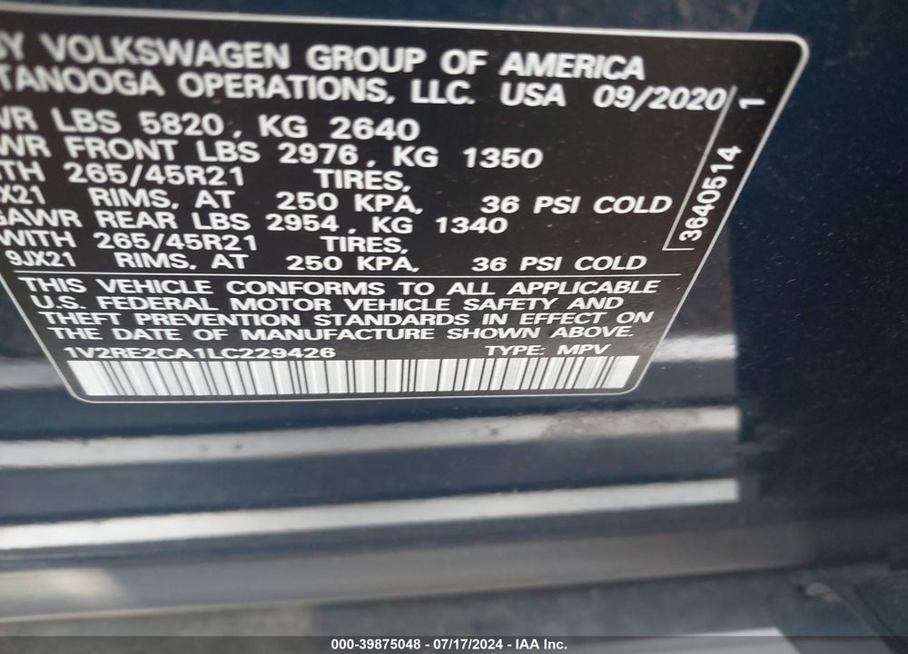2020 VOLKSWAGEN ATLAS CROSS SPORT 3.6L V6 SEL R-LINE VIN: 1V2RE2CA1LC229426