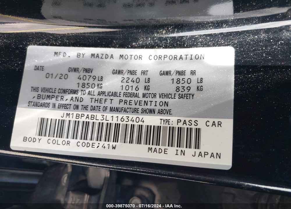 2020 MAZDA 3 VIN: JM1BPABL3L1163404