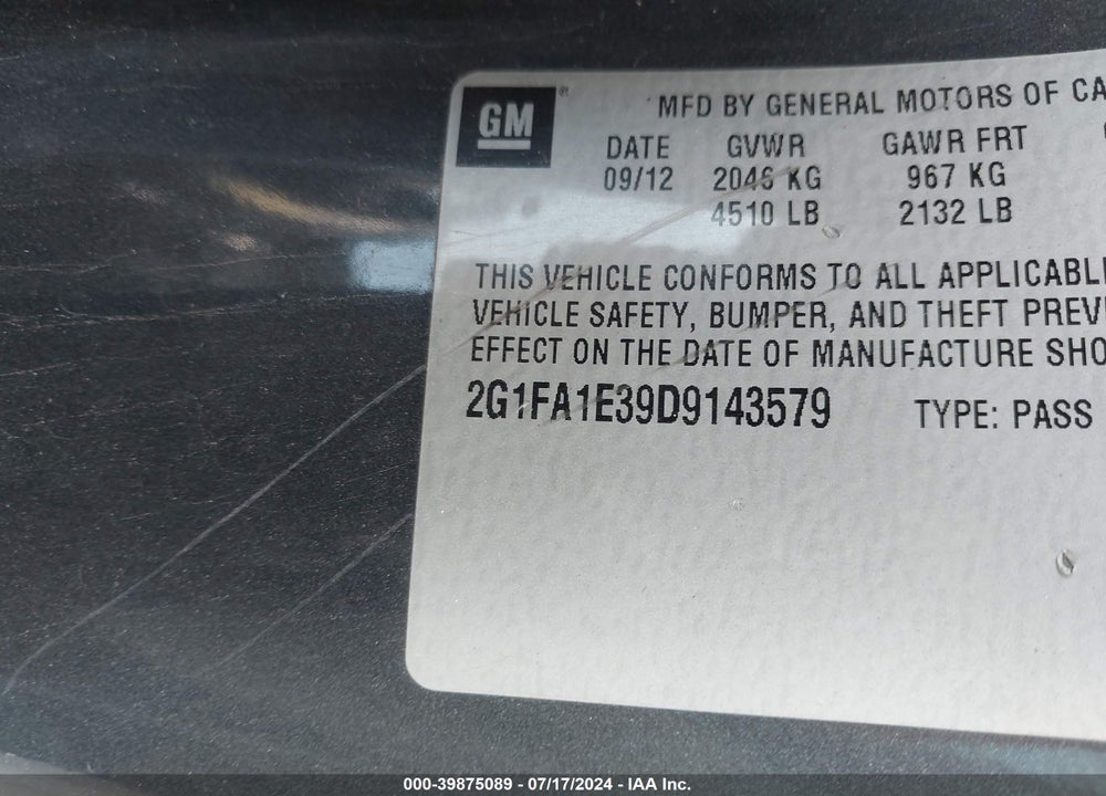 2013 CHEVROLET CAMARO 2LS VIN: 2G1FA1E39D9143579