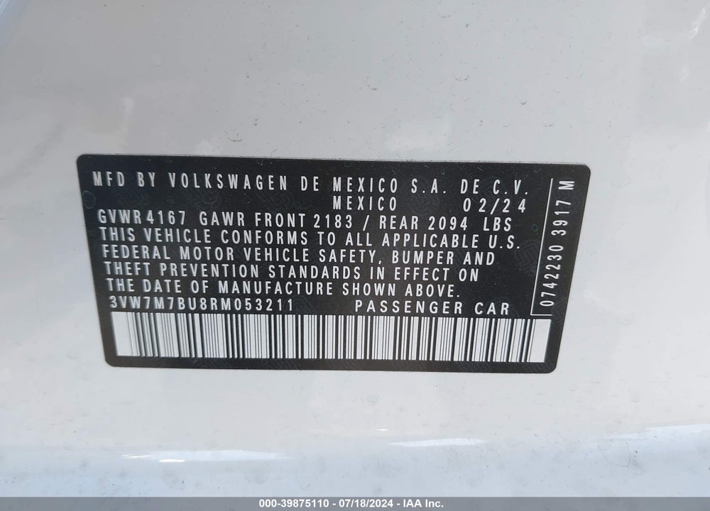 2024 VOLKSWAGEN JETTA 1.5T SE VIN: 3VW7M7BU8RM053211