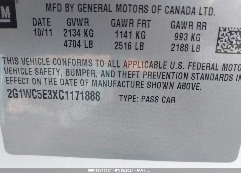 2012 CHEVROLET IMPALA LTZ VIN: 2G1WC5E3XC1171888