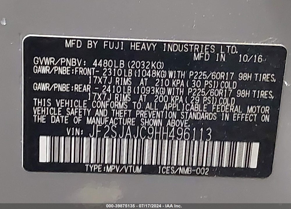 2017 SUBARU FORESTER 2.5I LIMITED VIN: JF2SJAJC9HH496113