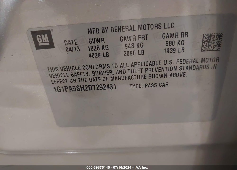 2013 CHEVROLET CRUZE LS AUTO VIN: 1G1PA5SH2D7292431