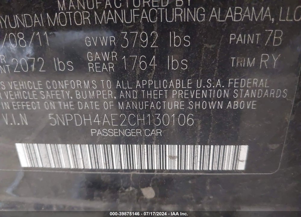 2012 HYUNDAI ELANTRA LIMITED VIN: 5NPDH4AE2CH130106