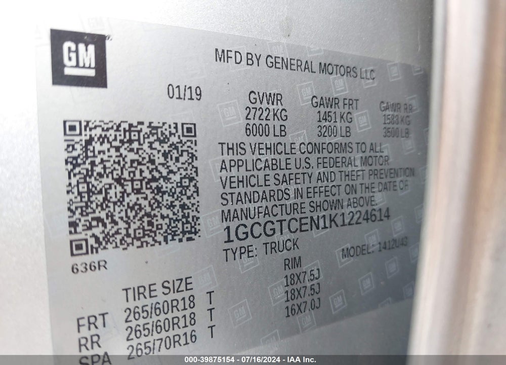 2019 CHEVROLET COLORADO LT VIN: 1GCGTCEN1K1224614