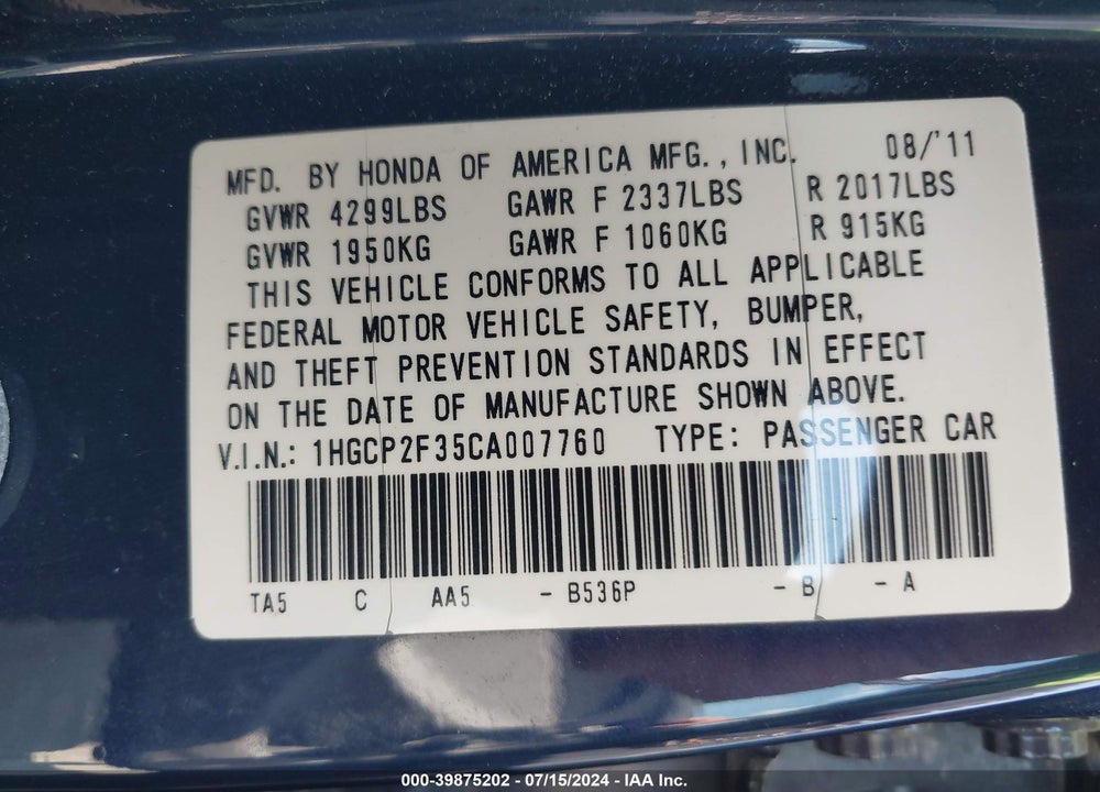 2012 HONDA ACCORD 2.4 LX VIN: 1HGCP2F35CA007760