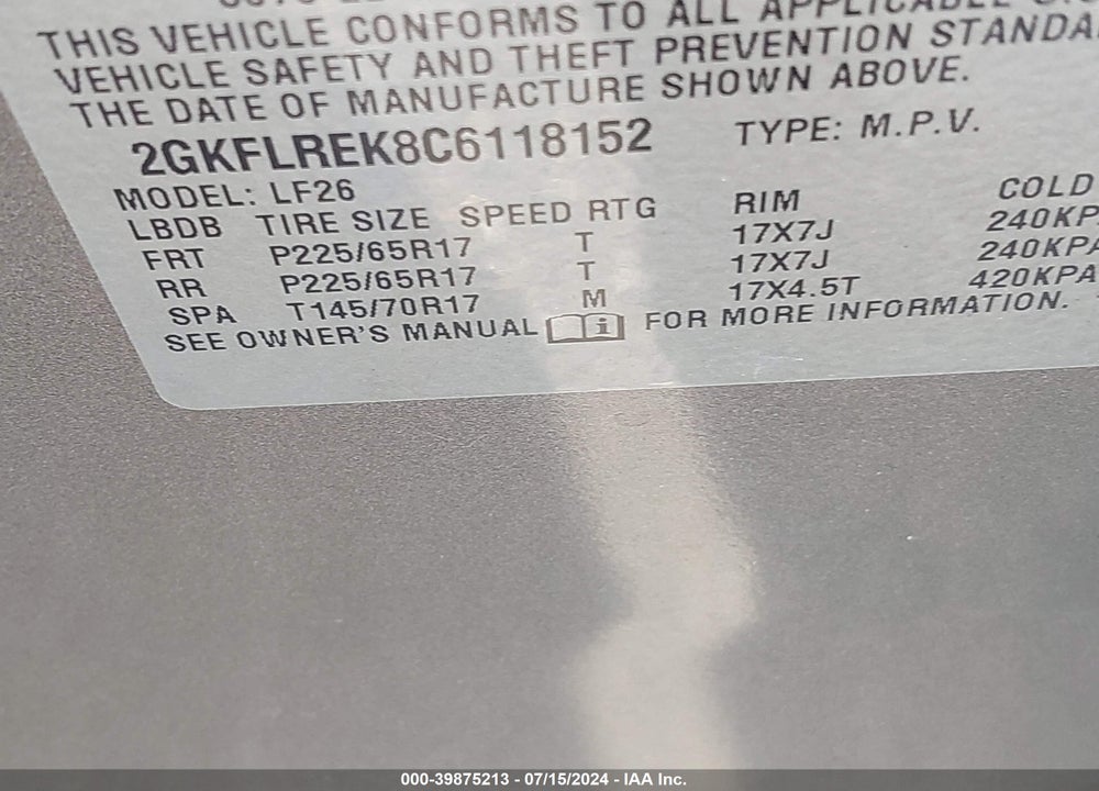 2012 GMC TERRAIN SLE-1 VIN: 2GKFLREK8C6118152