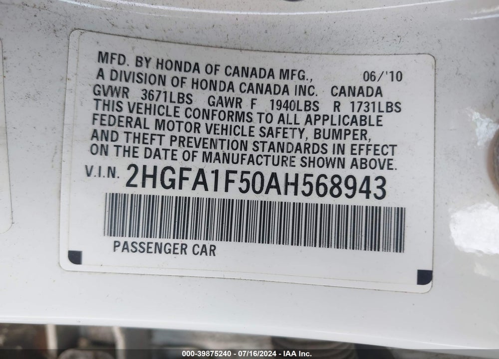 2010 HONDA CIVIC LX VIN: 2HGFA1F50AH568943