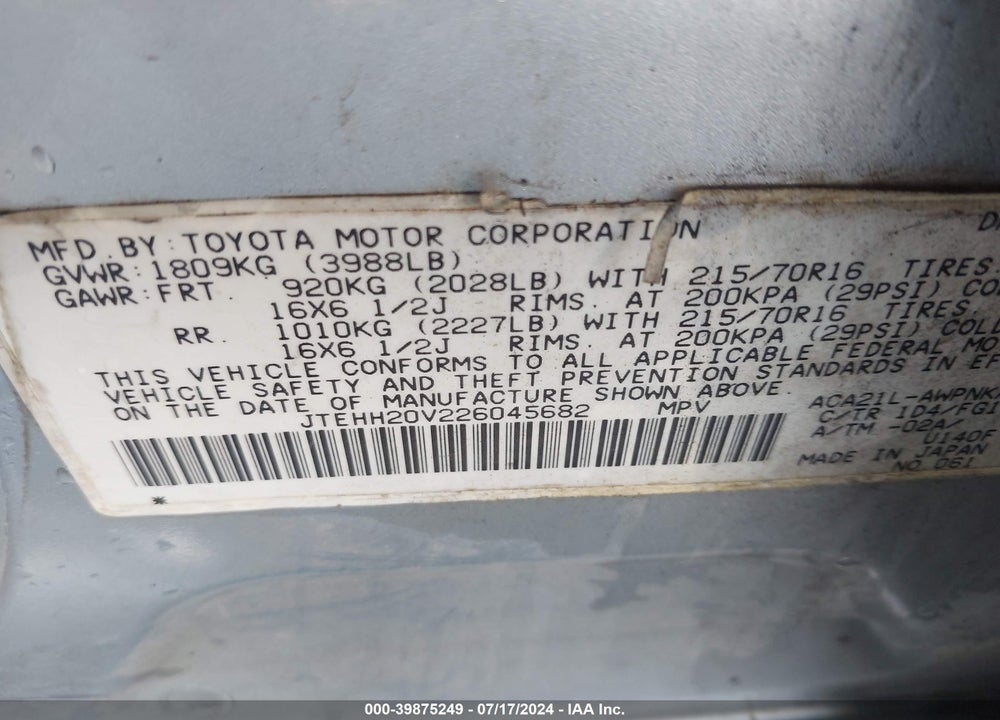 2002 TOYOTA RAV4 VIN: JTEHH20V226045682