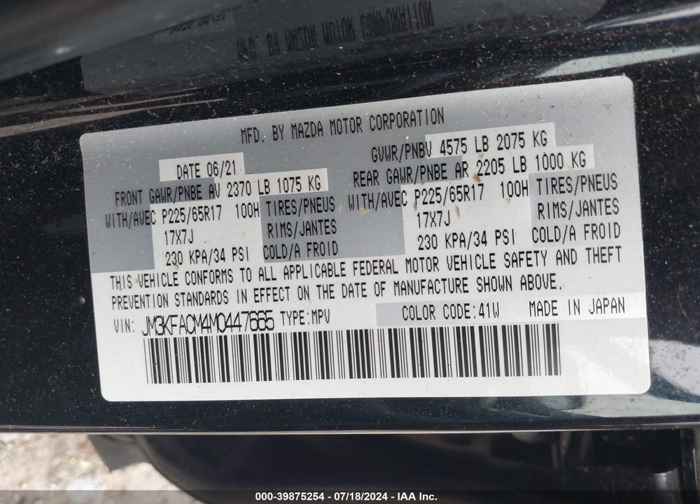 2021 MAZDA CX-5 TOURING VIN: JM3KFACM4M0447665