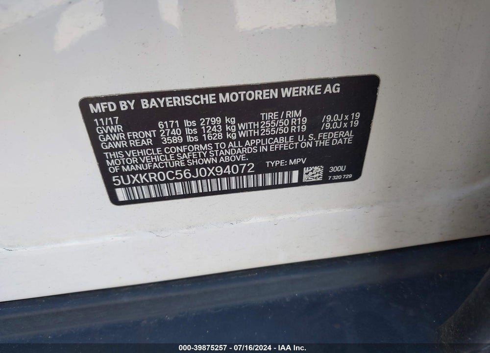 2018 BMW X5 XDRIVE35I VIN: 5UXKR0C56J0X94072