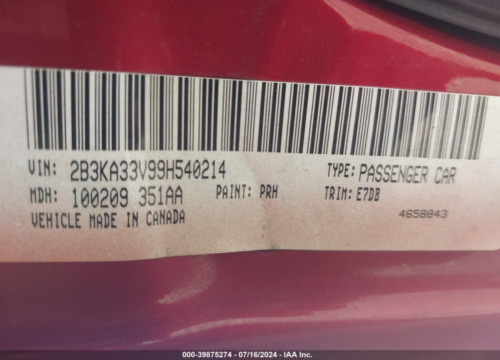2009 DODGE CHARGER SXT VIN: 2B3KA33V99H540214