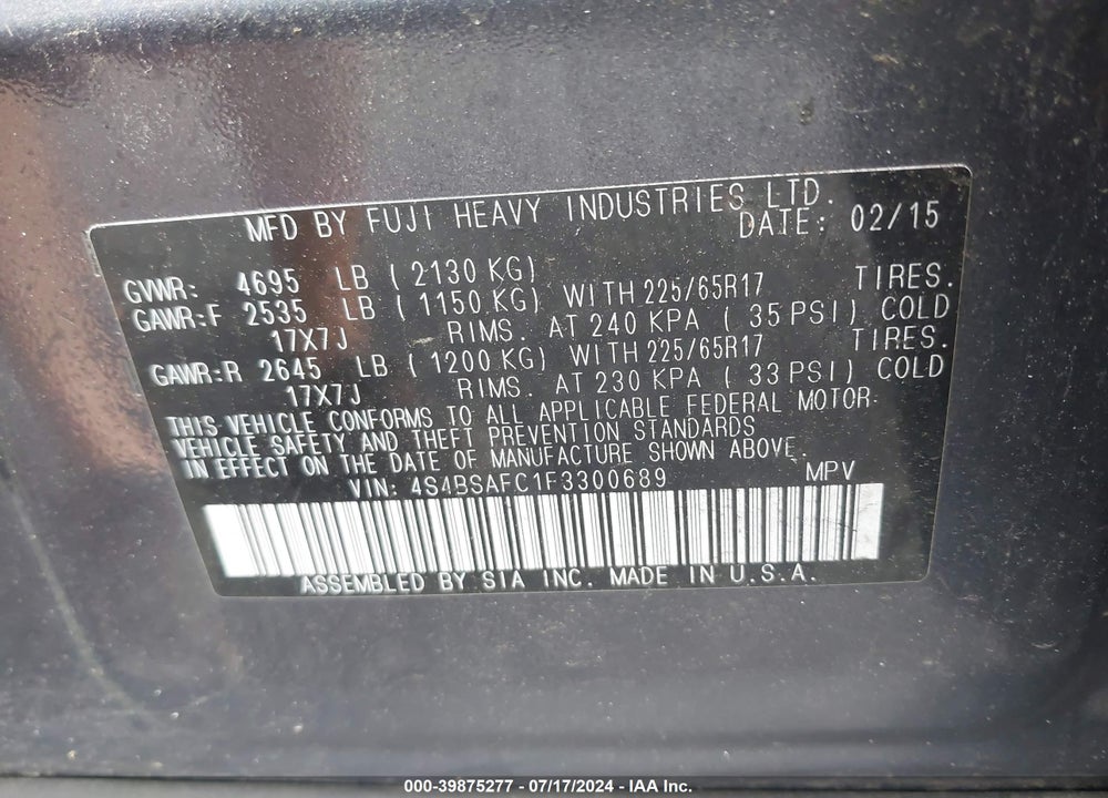2015 SUBARU OUTBACK 2.5I PREMIUM VIN: 4S4BSAFC1F3300689