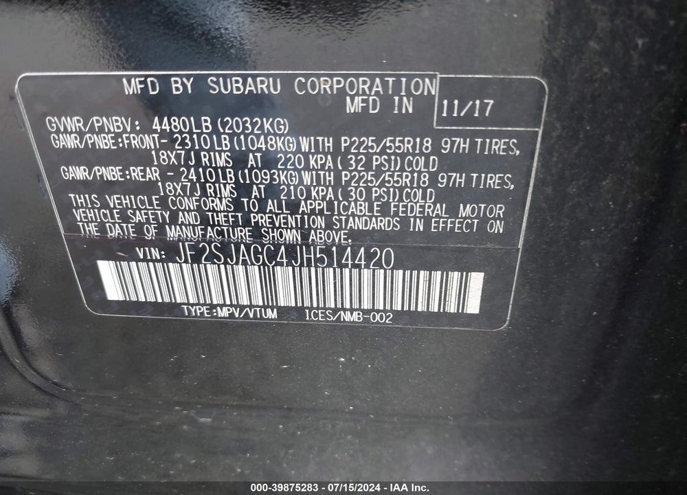 2018 SUBARU FORESTER 2.5I PREMIUM VIN: JF2SJAGC4JH514420