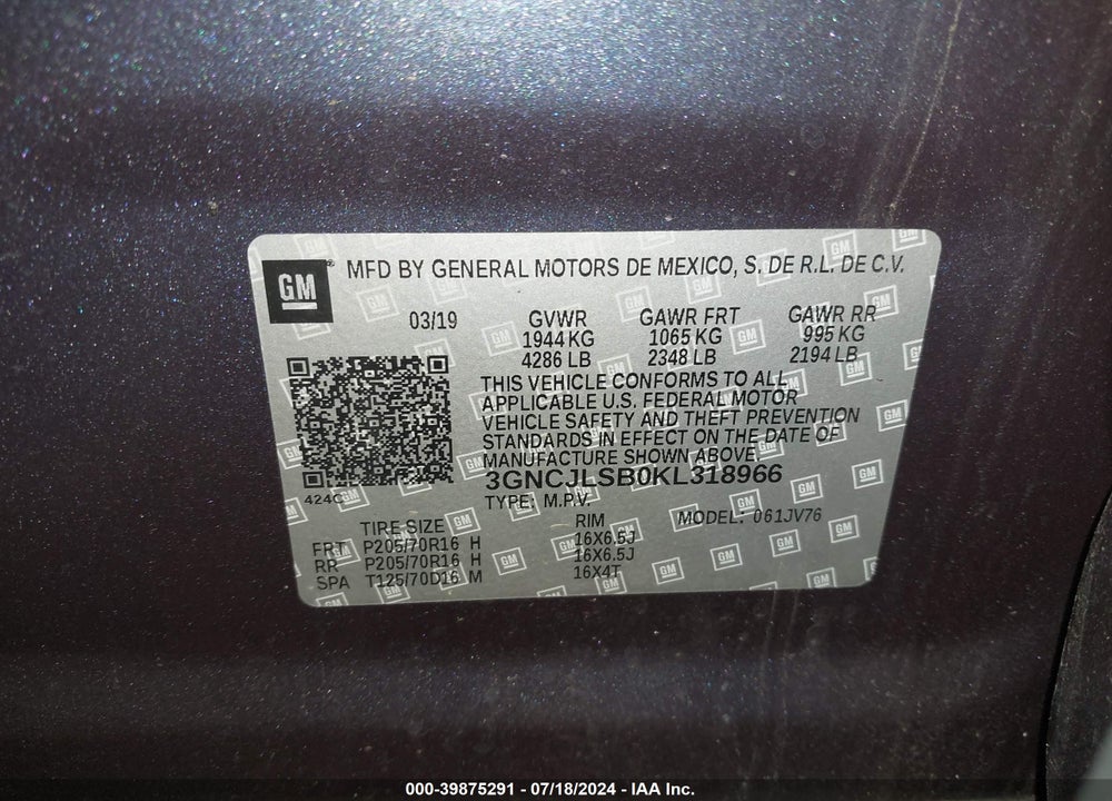 2019 CHEVROLET TRAX LT VIN: 3GNCJLSB0KL318966