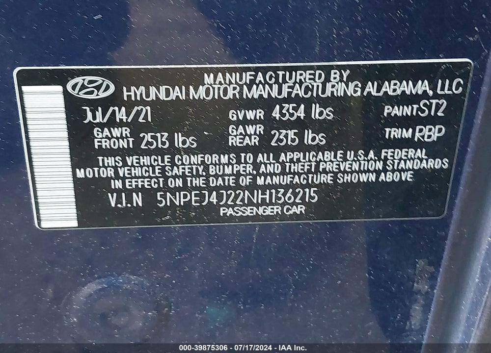 2022 HYUNDAI SONATA SEL PLUS VIN: 5NPEJ4J22NH136215