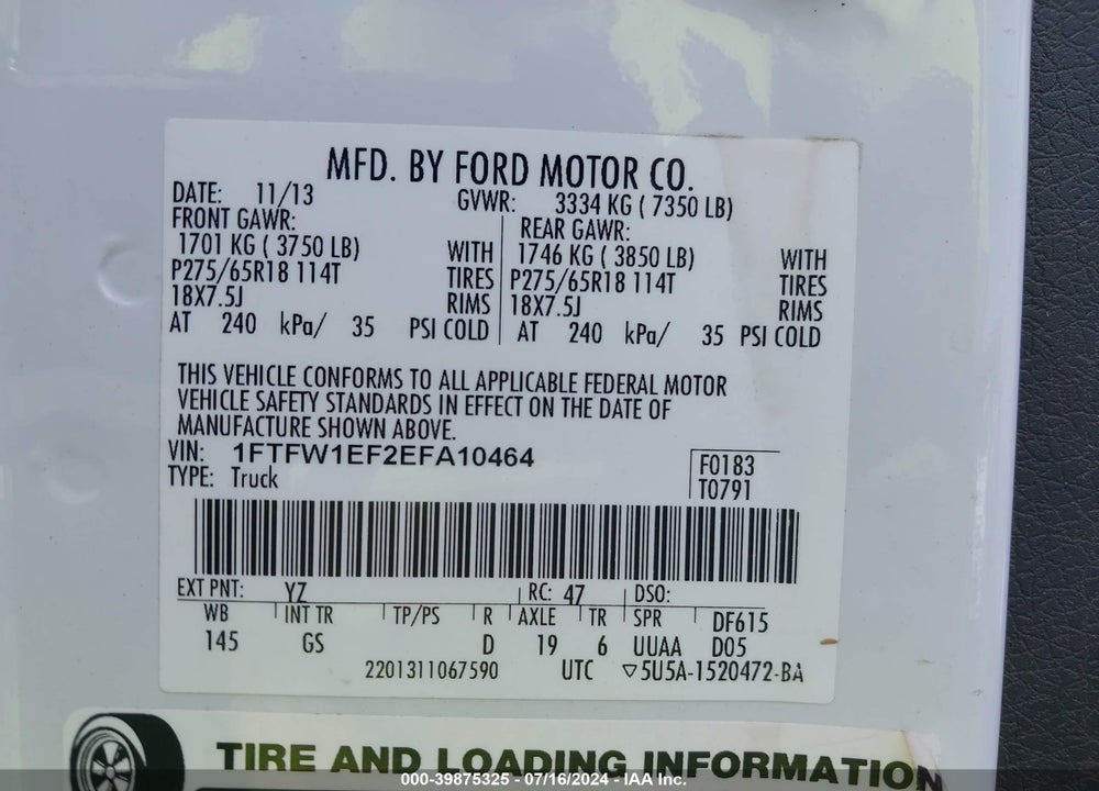 2014 FORD F-150 XLT VIN: 1FTFW1EF2EFA10464