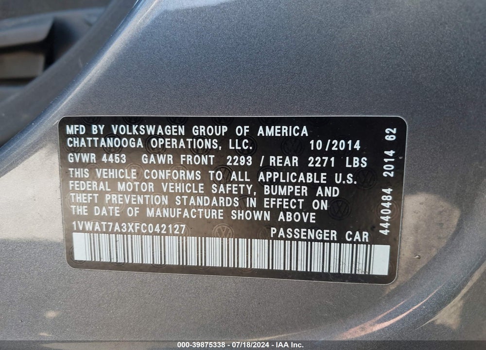 2015 VOLKSWAGEN PASSAT 1.8T S VIN: 1VWAT7A3XFC042127