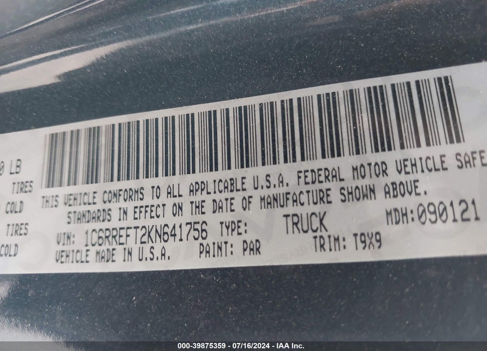 2019 RAM 1500 BIG HORN/LONE STAR 4X2 5'7 BOX VIN: 1C6RREFT2KN641756