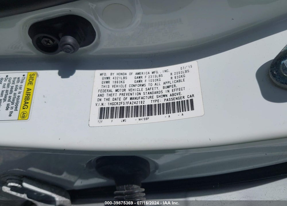 2015 HONDA ACCORD SPORT VIN: 1HGCR2F57FA242192