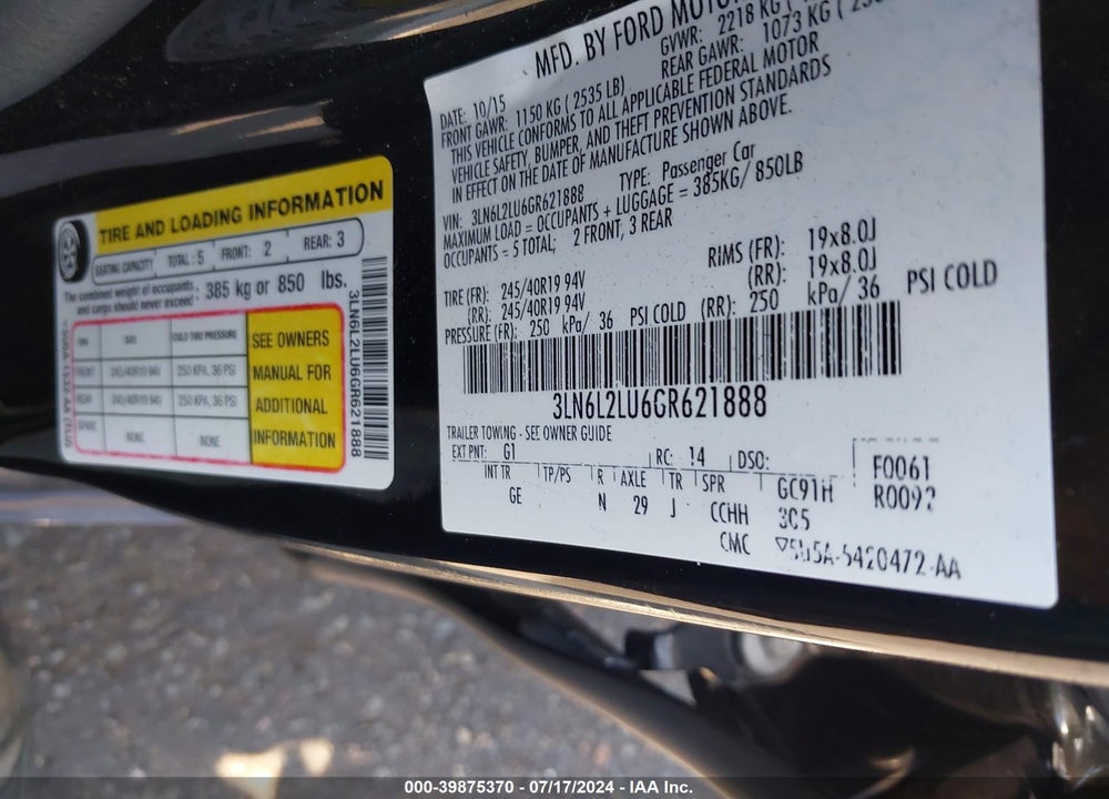 2016 LINCOLN MKZ HYBRID VIN: 3LN6L2LU6GR621888