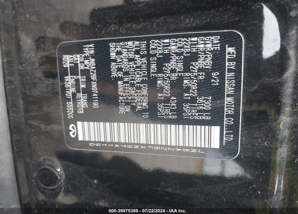 2022 INFINITI QX80 SENSORY VIN: JN8AZ2BFXN9741190