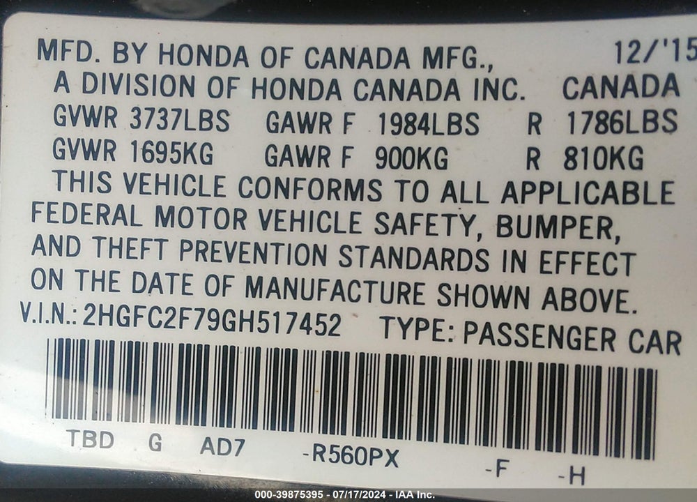 2016 HONDA CIVIC EX VIN: 2HGFC2F79GH517452