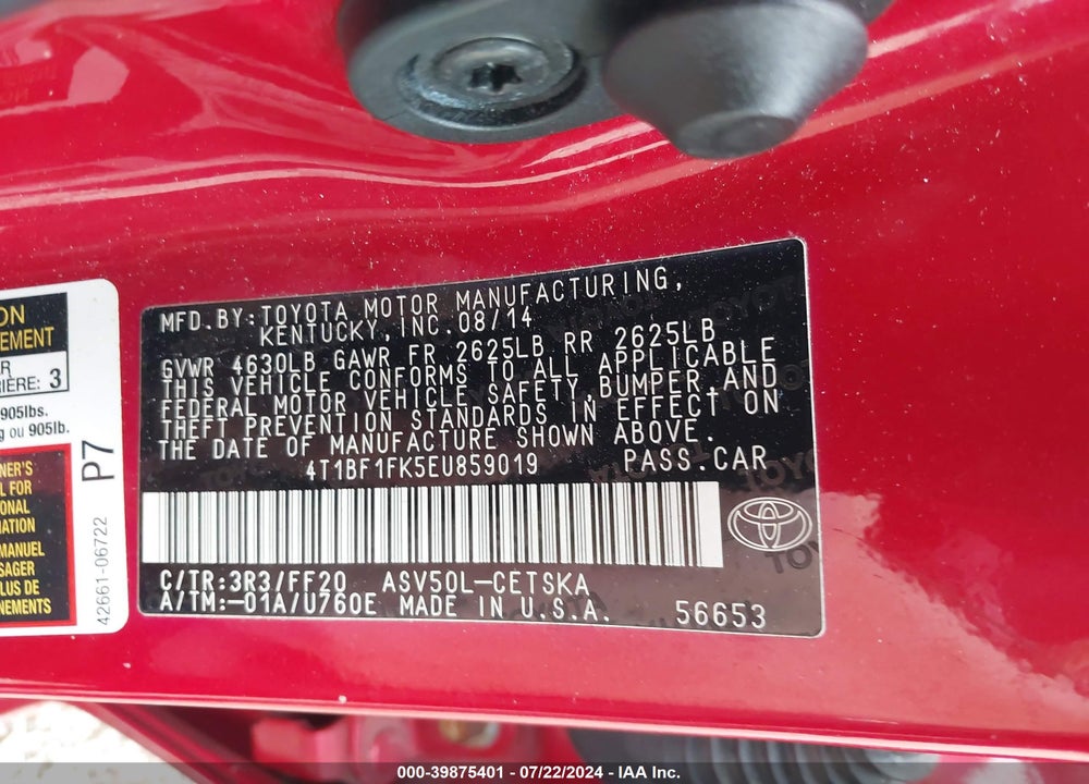 2014 TOYOTA CAMRY SE VIN: 4T1BF1FK5EU859019