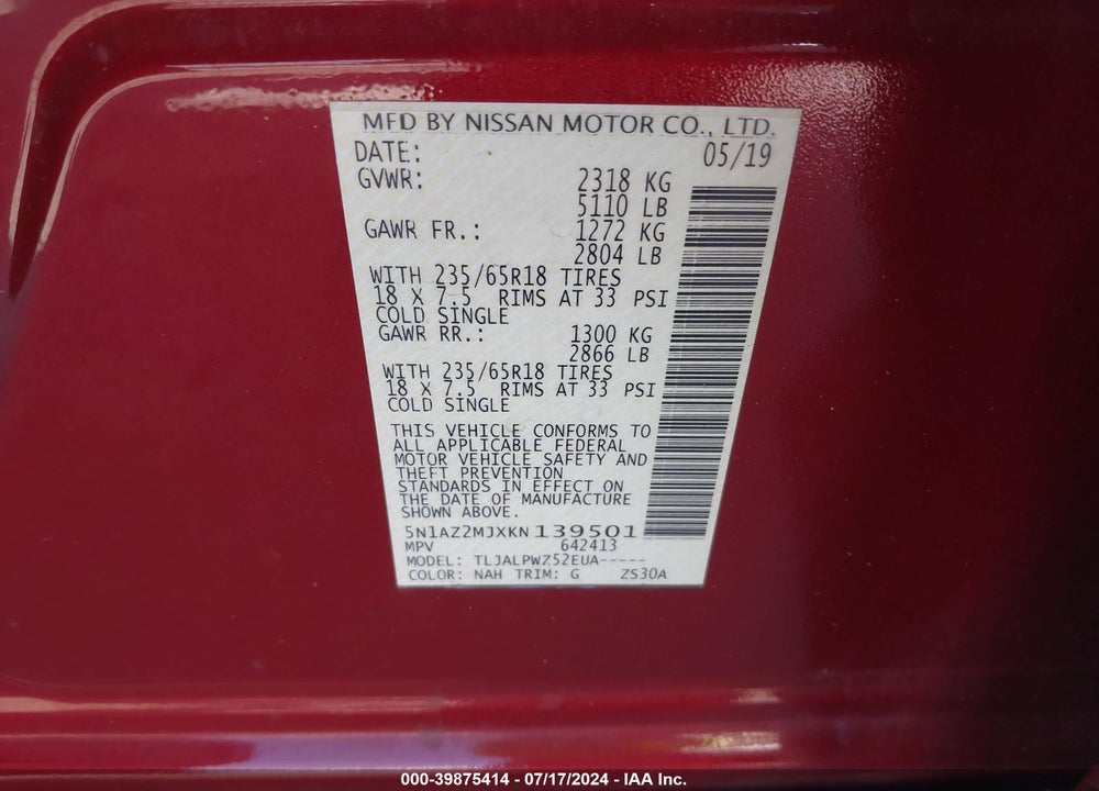 2019 NISSAN MURANO S VIN: 5N1AZ2MJXKN139501