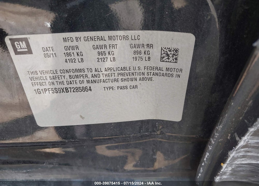 2011 CHEVROLET CRUZE 1LT VIN: 1G1PF5S9XB7285864