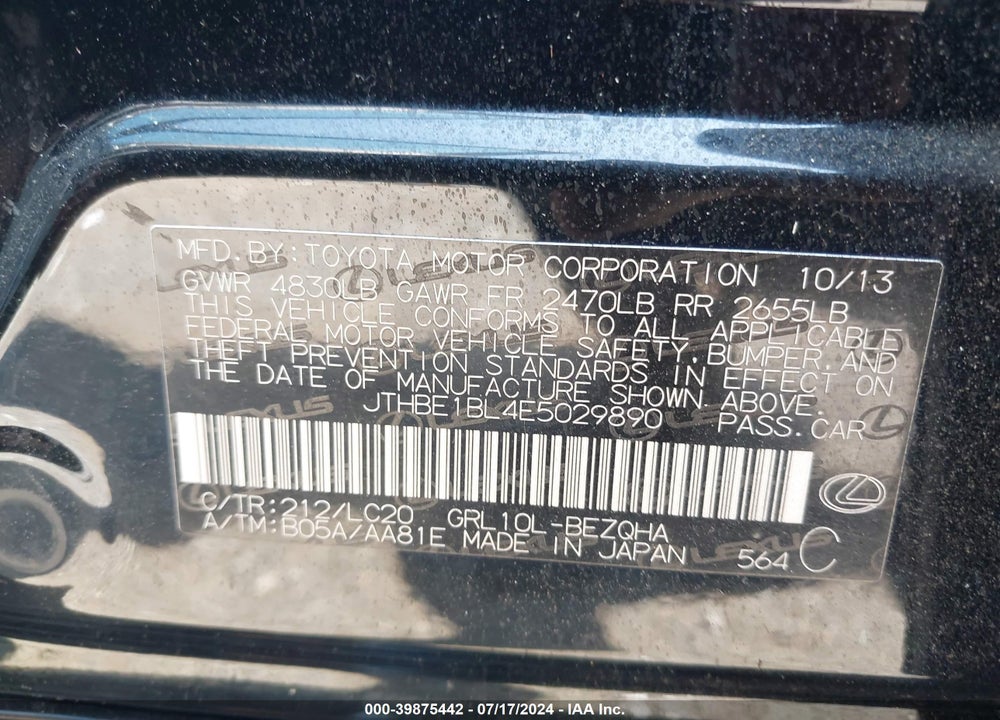 2014 LEXUS GS 350 VIN: JTHBE1BL4E5029890