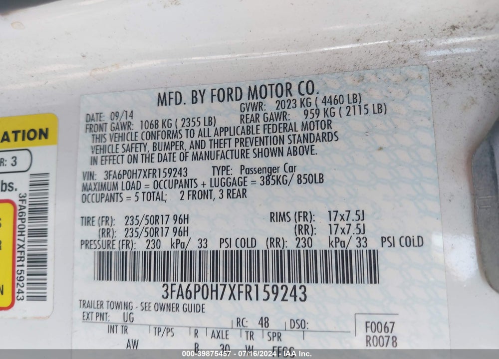 2015 FORD FUSION SE VIN: 3FA6P0H7XFR159243