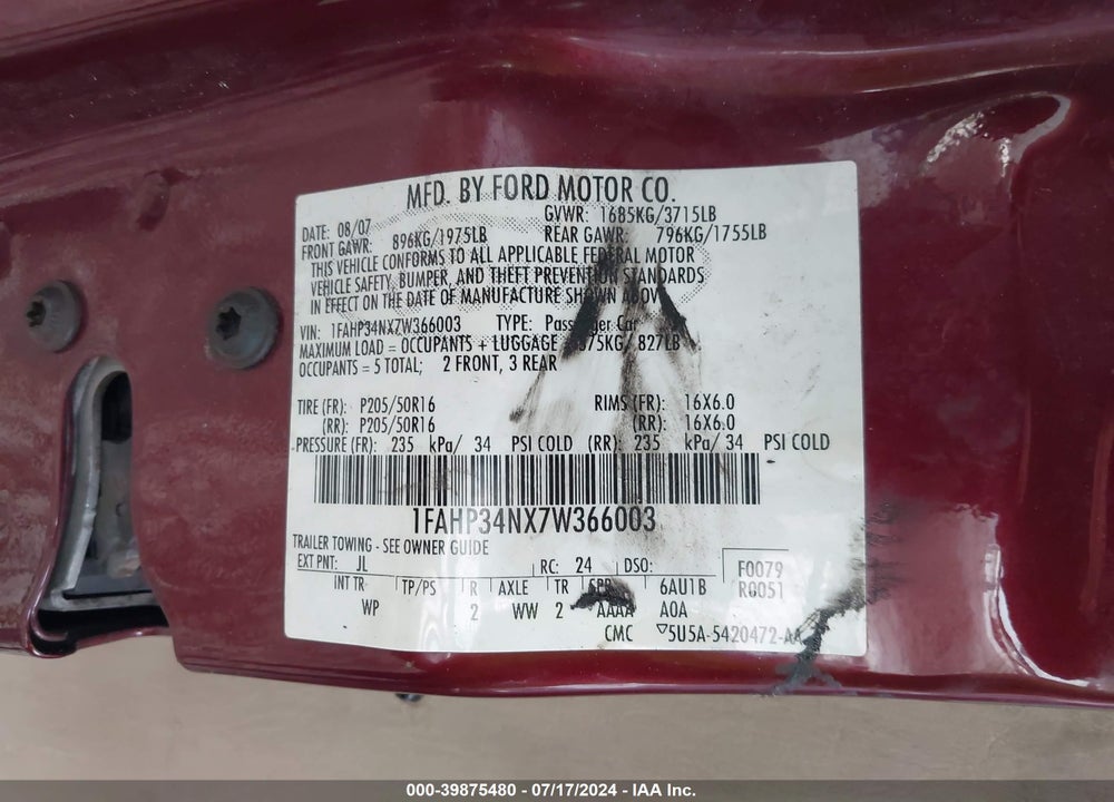 2007 FORD FOCUS S/SE/SES VIN: 1FAHP34NX7W366003