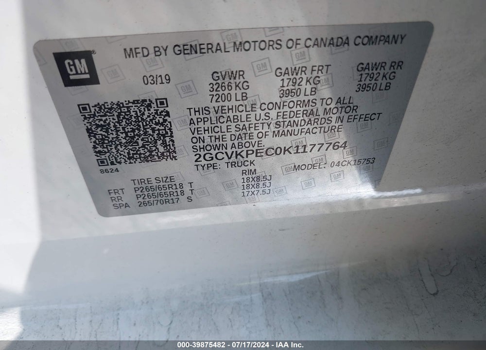 2019 CHEVROLET SILVERADO 1500 LD LT VIN: 2GCVKPEC0K1177764