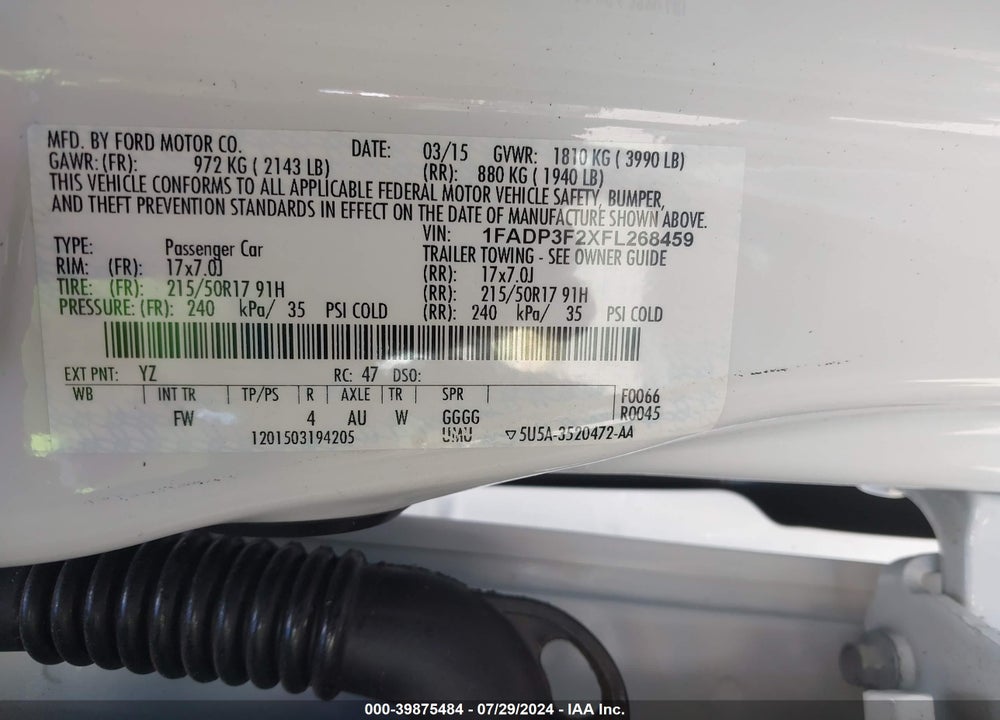 2015 FORD FOCUS SE VIN: 1FADP3F2XFL268459