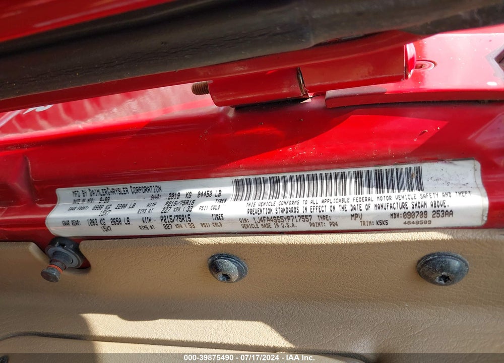 2000 JEEP WRANGLER SPORT VIN: 1J4FA49S5YP717557