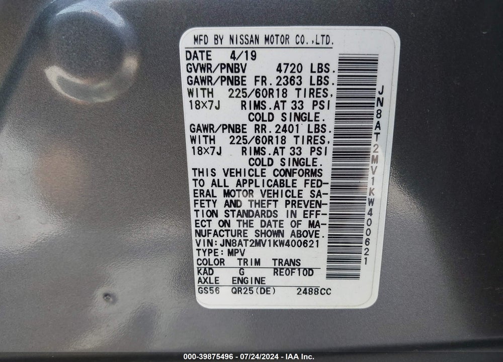 2019 NISSAN ROGUE SV VIN: JN8AT2MV1KW400621