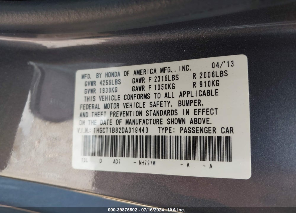 2013 HONDA ACCORD EX-L VIN: 1HGCT1B82DA019440