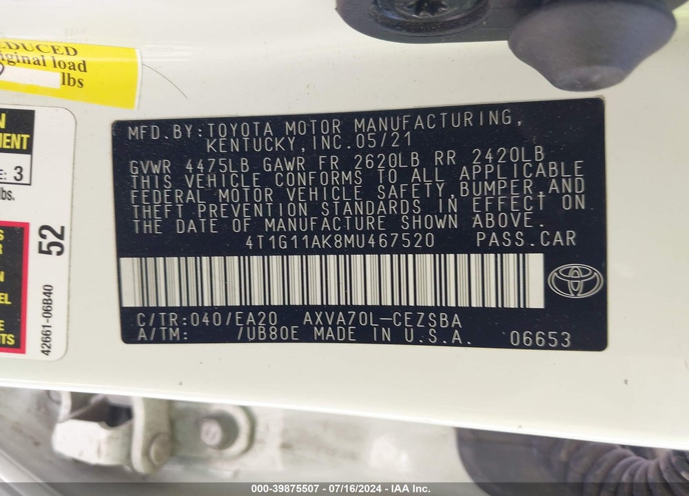 2021 TOYOTA CAMRY SE VIN: 4T1G11AK8MU467520