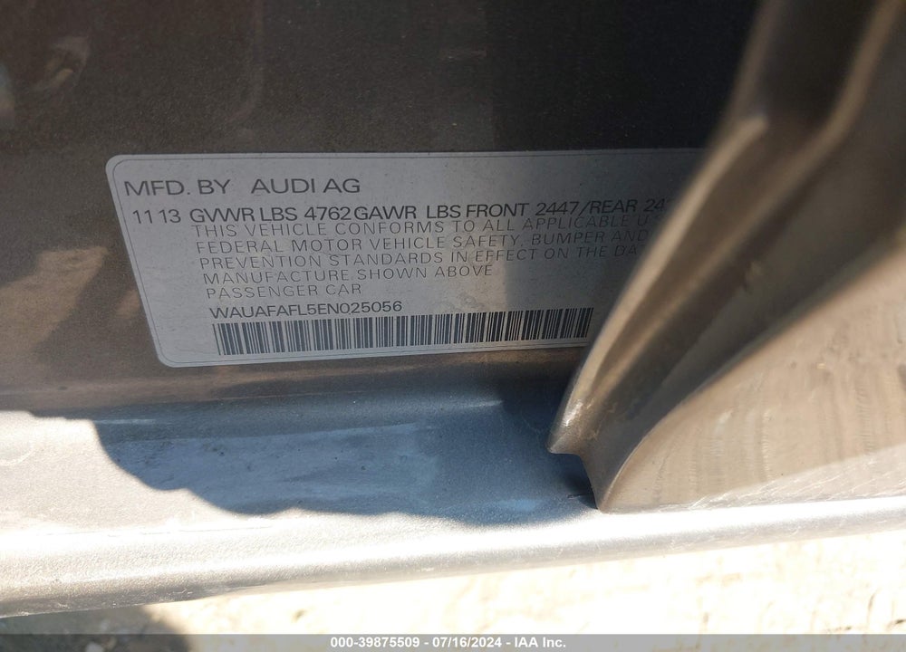 2014 AUDI A4 2.0T PREMIUM VIN: WAUAFAFL5EN025056