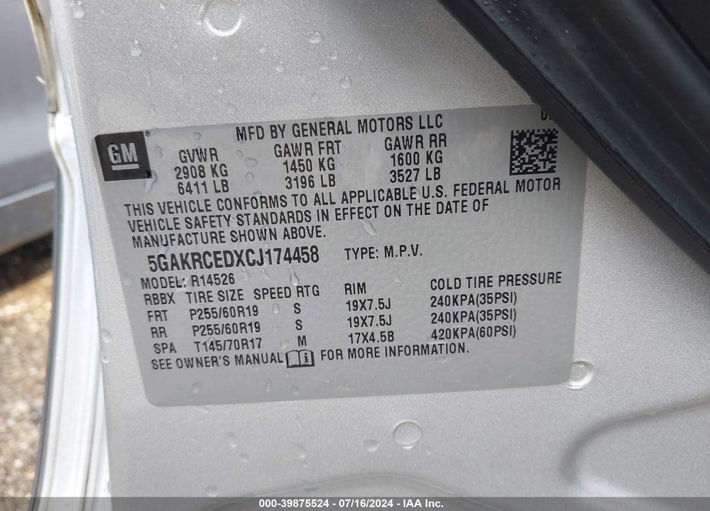 2012 BUICK ENCLAVE LEATHER VIN: 5GAKRCEDXCJ174458